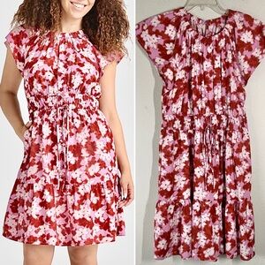 Cotton Boho Sundress Tiered Midi Dress Pockets Elastic Waist Summer Red Pink L